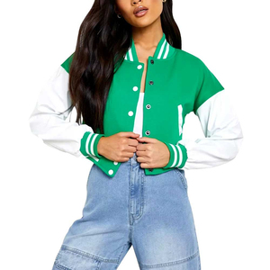 Green White Color Block Varsity Jacket Regular Sleeve Turn-down Collar <b>Button</b> Closure Casual Loose Fit Autumn Style - Product Image 4