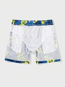 Short de bain tricoté pour homme, bleu, à séchage rapide, avec cordon de serrage, imprimé football et motif lettres, taille mi-haute, longueur courte - Product Image 3