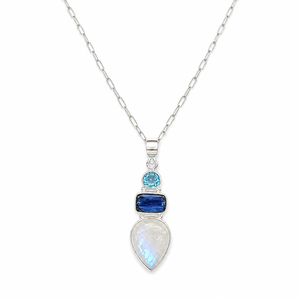 Colgante de Plata de Ley 925 con Tres Piedras: Topacio Azul, Cianita y Piedra Lunar, Diseño Minimalista para Uso Diario Unisex - Product Image 3