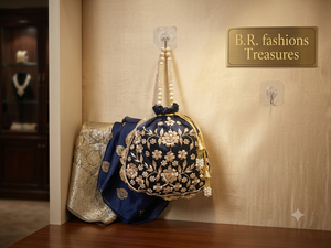 Navy <b>Blue</b> Silk Floral Embroidery Evening <b>Clutch</b> with Drawstring Closure Handcrafted Luxury Potli <b>Bag</b> <b>for</b> <b>Wedding</b> - Product Image 1