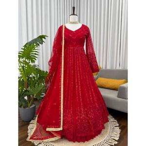 Lancement de nouveaux vêtements de fête Salwar Kameez Dupatta en tissu Foux Gorgette, modernes, pour soirée, séchage rapide, avec grande bordure tissée, style indien/pakistanais - Product Image 1