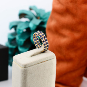 Natural Blue Sapphire Triple-Row <b>Statement</b> <b>Ring</b> in Solid 18K Yellow Gold – Wide Triple-Band Bezel Set <b>Ring</b> September Birthstone - Product Image 5