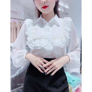 Blusa de Manga Larga para Mujer al por Mayor con Adorno de Perlas, Cuello de Solapa con Volantes, Botones Frontales, Elegante Camisa de Oficina para Venta al por Mayor - Product Image 5