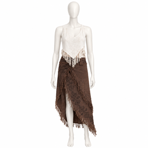 Brown Boho <b>Wrap</b> <b>Skirt</b> Geometric Pattern Natural Waist Asymmetrical <b>Maxi</b> <b>Skirt</b> Fringed Hem Casual Beach Festival Cotton Spring - Product Image 1
