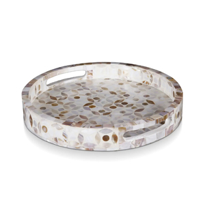 Plateau de service rond en nacre de luxe, fait main, mosaïque MOP, plateau décoratif pour table basse, ottoman, organisateur de vanité - Product Image 1