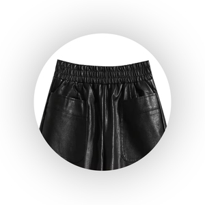 Women's High Waist Leather Shorts Loose Fit <b>Elastic</b> Waist With Pockets Moto Biker Style Solid Black OEM Sample Service - Product Image 2