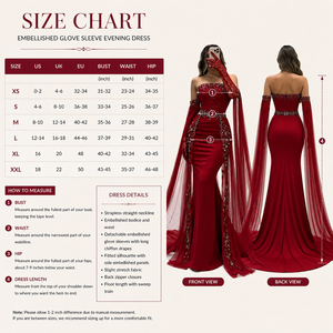 Vestido de Noche Rojo de Lujo Estilo Sirena para Mujer |   Vestido de fiesta de satén sin tirantes con adornos de cristal y mangas largas tipo capa, estilo bodycon. - Product Image 5