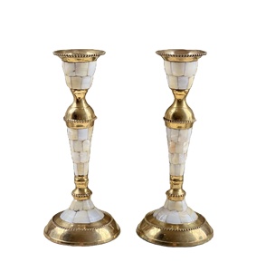 Bougeoirs vintage en laiton et incrustation de nacre pour bougeoir de table de salon - Product Image 1