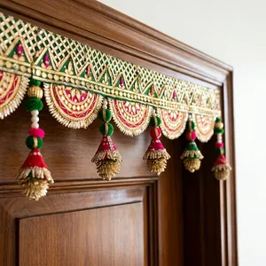 Elegant Golden Zari Embroidered Textile Border with Red and Green Tassels for Indian Wedding Decor - Product Image 5