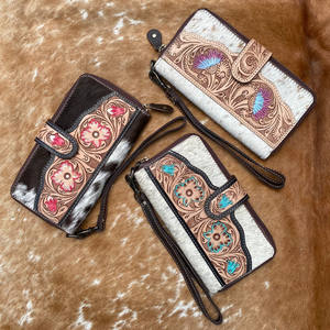 Hot Sale Western Hair on & Hand Tooled Leather Turquoise Floral Wristlet <b>Wallet</b> for Women's Western Cowhide Credit <b>Card</b> <b>Wallets</b> - Product Image 4