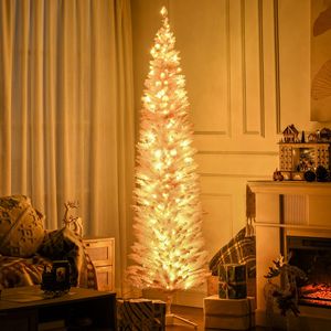Albero di Natale Artificiale Sottile da 2,1 m con Rami Realistici e Luci LED Bianche Calde, Luci Natalizie a Matita Rosa - Product Image 2