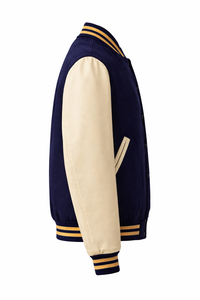 Men's Navy Beige 100% <b>Wool</b> Varsity Jacket Formal Style Turn-down Collar Button Front Regular Fit Winter Breathable Patchwork - Product Image 5