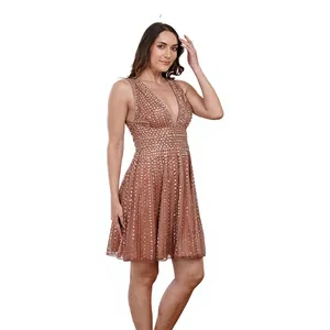 Robe mini trapèze sans manches à col en V, ornée de paillettes et d'une couche transparente, idéale pour les soirées - Product Image 4
