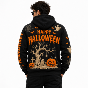 Sudadera con Capucha Personalizada de Halloween con Estampado Puff para Hombre y Mujer, Sudadera de Algodón Negro con Diseño de Calabaza, Fantasma, Murciélago y Araña - Product Image 4