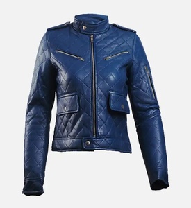 Chaqueta de Moto de Invierno para Mujer, Azul, de Cuero Sintético PU Acolchado, Anti-UV, Cortavientos, Manga Larga, Cuello Mao, Cierre de Cremallera, Largo Regular - Product Image 1