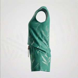 Conjunto de Top sin Mangas y Pantalones Cortos con Estampado de Hojas Verdes para Mujer, Estilo Casual Holgado, Transpirable, Tejido de Punto, 2 Piezas, para Primavera/Verano - Product Image 3