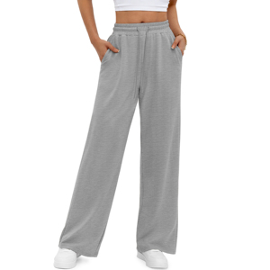 Pantalon cargo gris en molleton à jambe large pour femme, taille haute élastique, fermeture éclair, coupe droite, longueur intégrale, couleur unie, décontracté, pour le travail - Product Image 5