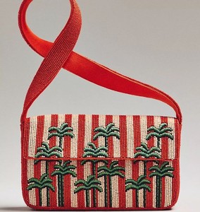 Palm Tree <b>Seed</b> Beaded <b>Storage</b> Bag Trendy Red Striped Pattern Shoulder Bag Premium Women's Purse Evening Wedding Fashion Handbag - Product Image 1