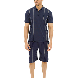 Conjunto de Camiseta Polo y Pantalones Cortos Azul Marino para Hombre, Tejido de Algodón Sólido, Atuendo Casual de Verano, Transpirable, Sin Costuras, Dos Piezas - Product Image 1