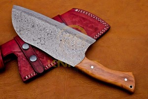 Couteau à viande artisanal en acier Damas avec manche en bois d'olivier, couteau de boucher professionnel, couteau de cuisine pour hacher, OEM - Product Image 3