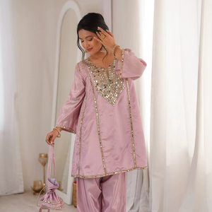 Elegant Mirror Work <b>Kurti</b> Pant Set with Batwa Bag – Designer Festive Ethnic Wear - Product Image 1