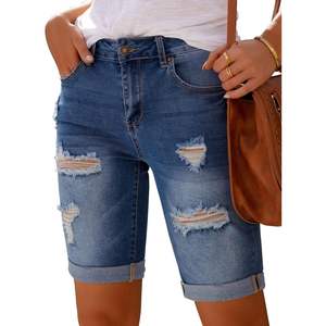2025 <b>Women's</b> High Waisted <b>Stretch</b> Bermuda Shorts Distressed <b>Jean</b> Shorts Embroidered Summer Straight Rolled Hem Ripped Design - Product Image 1