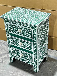 Mesa de madera redonda hecha a mano, taburete lateral convertible con incrustaciones de hueso floral, sala de estar moderna, dormitorio, flores y plantas decorativas - Product Image 2