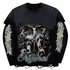 Bon fournisseur, créez votre propre design tendance avec un prix raisonnable, tissu doux au toucher, t-shirt graphique noir à manches longues double couche - Product Image 1