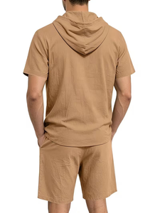 Men Solid Color Breathable Knitted Hooded Short Sleeve Shirt Set with Button-Up Top Elastic Waist Shorts Casual Summer Outfit - Product Image 4