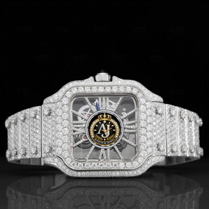 Reloj de Lujo con Moissanita Totalmente Incrustada, Caja Cuadrada de Cristal, Tono Plateado, Acero Inoxidable, Cierre Plegable, Reloj con Diamantes VVS para Reventa - Product Image 1
