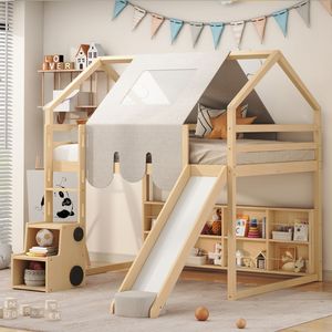 Letto a soppalco in legno a grandezza naturale con struttura a forma di casetta e tenda beige naturale per bambini - Product Image 1