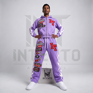 Conjunto de Sudadera con Capucha y Pantalones de Chándal Vintage para Hombre, Color Marrón, 100% Algodón Grueso, con Parches de Llamas - Product Image 3