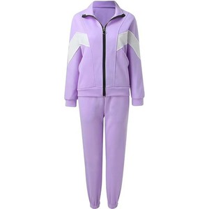 Ensemble de survêtement sportif violet pour femme, manches longues, fermeture éclair, effet délavé, design color block, tenue décontractée pour l'automne - Product Image 1