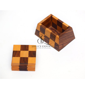 Handcrafted Checkerboard Wooden <b>Coaster</b> <b>Set</b> With Box. Dual-Tone Finish Square Shape Drink Mats For Elegant Table Decoration - Product Image 4