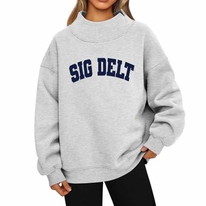 SIGMA / GAMMA <b>Mock</b> <b>Neck</b> Crewneck Sweatshirt Chenille Patch Letter Embroidery Cotton Fleece Relaxed Fit College Greek Apparel - Product Image 1