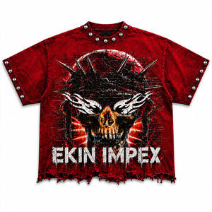 Camiseta Oversize de Algodón Grueso Personalizada para Hombre, Estilo Vintage con Lavado Ácido, Estampado de Calavera 3D, Camiseta Gráfica Streetwear Hip Hop con Detalles Metálicos - Product Image 1