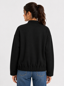 Premium <b>Women's</b> <b>Black</b> Bomber Jacket Soft Cotton Fleece Casual Outerwear Minimalist Front Placket Design Hidden Snap Button - Product Image 3