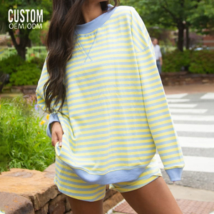 <b>Top</b> Trending Women's Yellow Blue Striped <b>Long</b> <b>Sleeve</b> Mock Neck Sweatshirt Shorts 2Piece Casual Loungewear Sets All Season Wear - Product Image 3