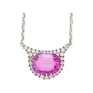 Collar con Colgante de Aleación Plateada para Mujer, Zafiro Rosa Ovalado con Detalles de Diamantes, Cadena de Eslabones, Estilo Clásico, Zafiro Creado en Laboratorio, Certificado IGI - Product Image 1