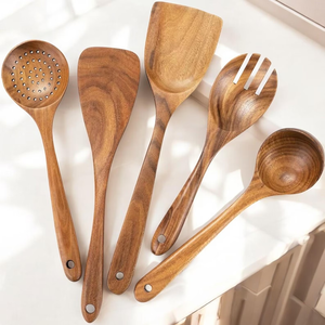 Juego de utensilios de cocina de madera rústica – Herramientas de cocina hechas a mano con soporte – Cucharas y espátulas ecológicas - Product Image 2