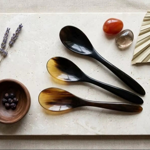 Premium Quality Wood Horn Spoon Set Organic Texture Polished for Serving Salt Sugar Spices Elegant Kitchen Display - Product Image 1
