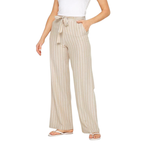 Pantalon en lin taille haute pour femme avec taille plissée Wrap Summer Flat Front Grey Color - Product Image 1