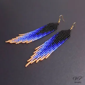 Mayorista líder de pendientes de cuentas violetas y doradas, pendientes de cuentas de semillas, pendientes multicolor, pendientes colgantes con bordados de cuentas - Product Image 2