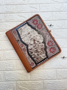 Hand Tooled Leather Zipper Lock Business Portfolio Binder Manufacture Cowhide Multi-function Document <b>Folder</b> With <b>Card</b> Holder - Product Image 5