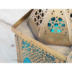 <b>Brass</b> Rectangular <b>Lantern</b> with Blue Glass Panels and Intricate Cutouts for Home Decoration Durable Finish - Product Image 6