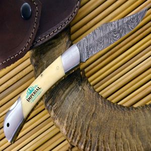 Couteau pliant en acier Damas, lame à pointe tombante, manche en ivoire, pour camping et usage extérieur, ouverture par bouton de pouce - Product Image 2