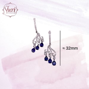 [Sheri Jewels] 18K Solid White Gold Pear Shape Vintage Natural Sapphire & Diamond Dangle Earrings for Women - Anniversary Gift - Product Image 2