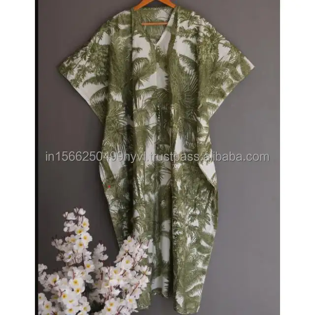 Çiçek baskılı pamuk Kaftan hint çiçek Kaftan, anneler olmak için uzun Kaftan elbise plaj pijama örtbas