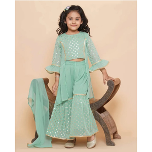 Conjunto de Top Corto y Sharara para Niñas – Vestido Dorado Estampado para Bodas y Festivales - Product Image 1