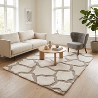 Tapis de salon rectangulaire moderne à poils longs géométriques, gris ivoire, en laine et acrylique tufté, avec envers antidérapant en latex